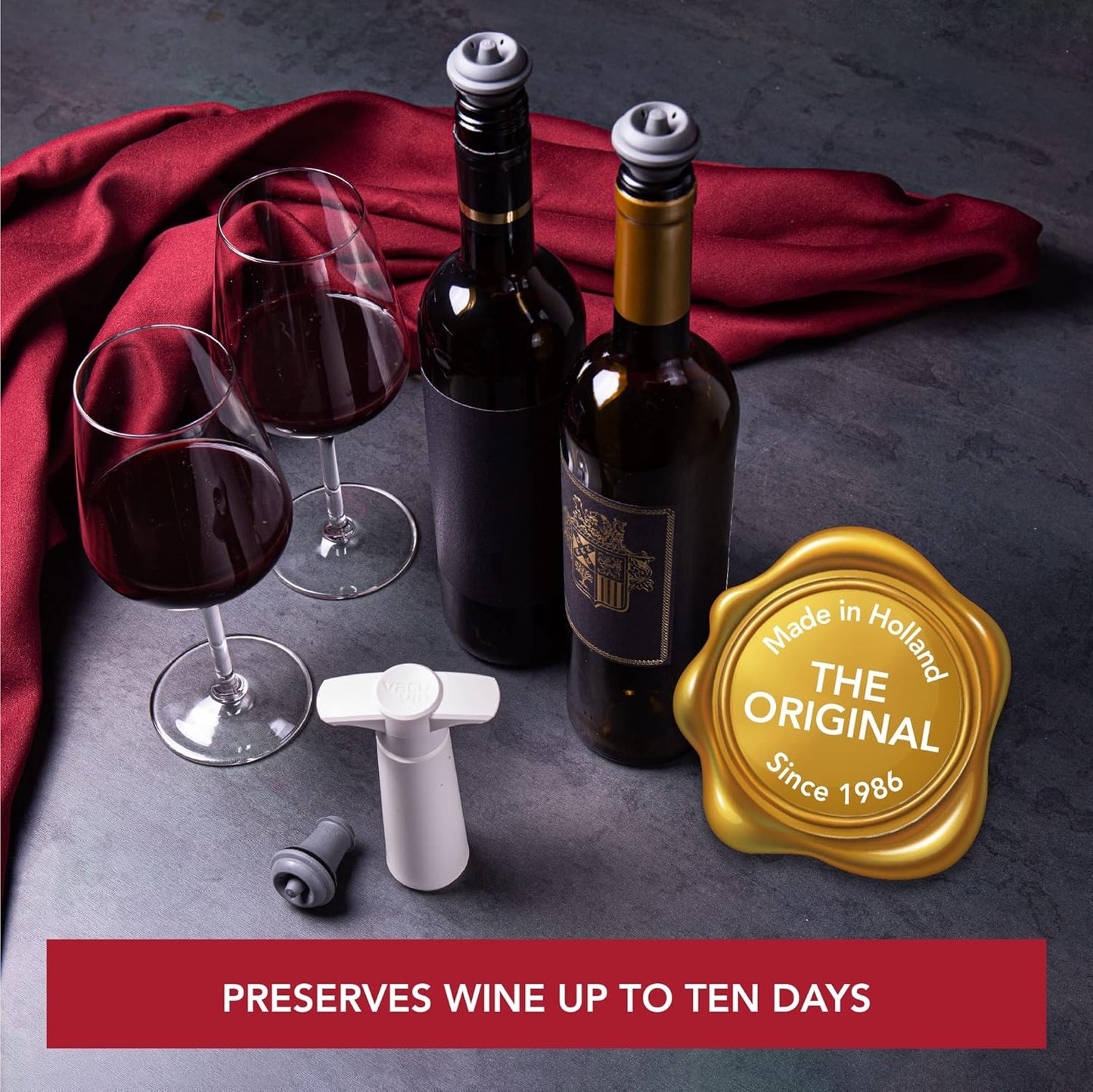 Vacuum Wine Saver Set – White Pump + 6 Grey Stoppers for Long-Lasting Freshness