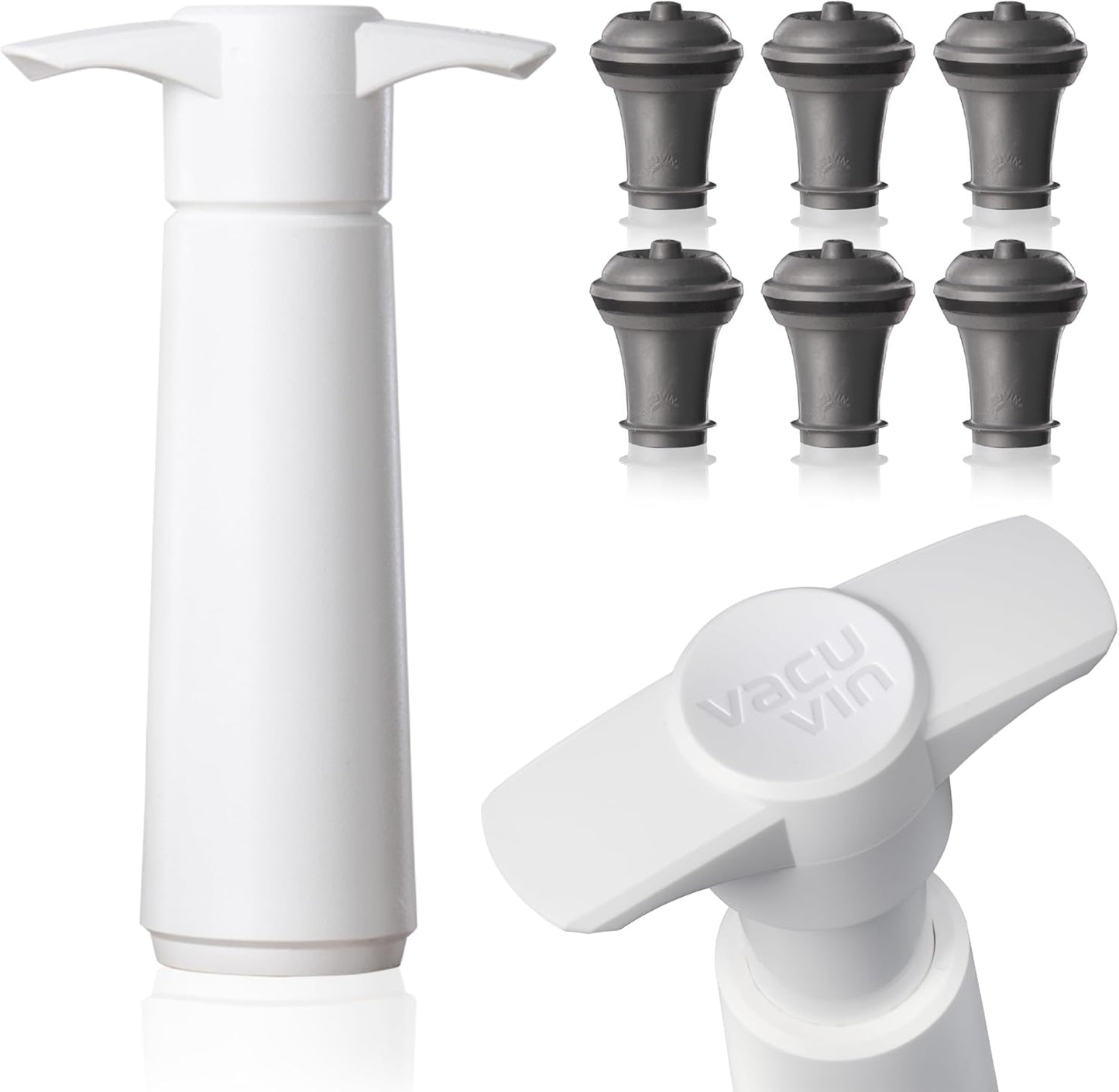 Vacuum Wine Saver Set – White Pump + 6 Grey Stoppers for Long-Lasting Freshness