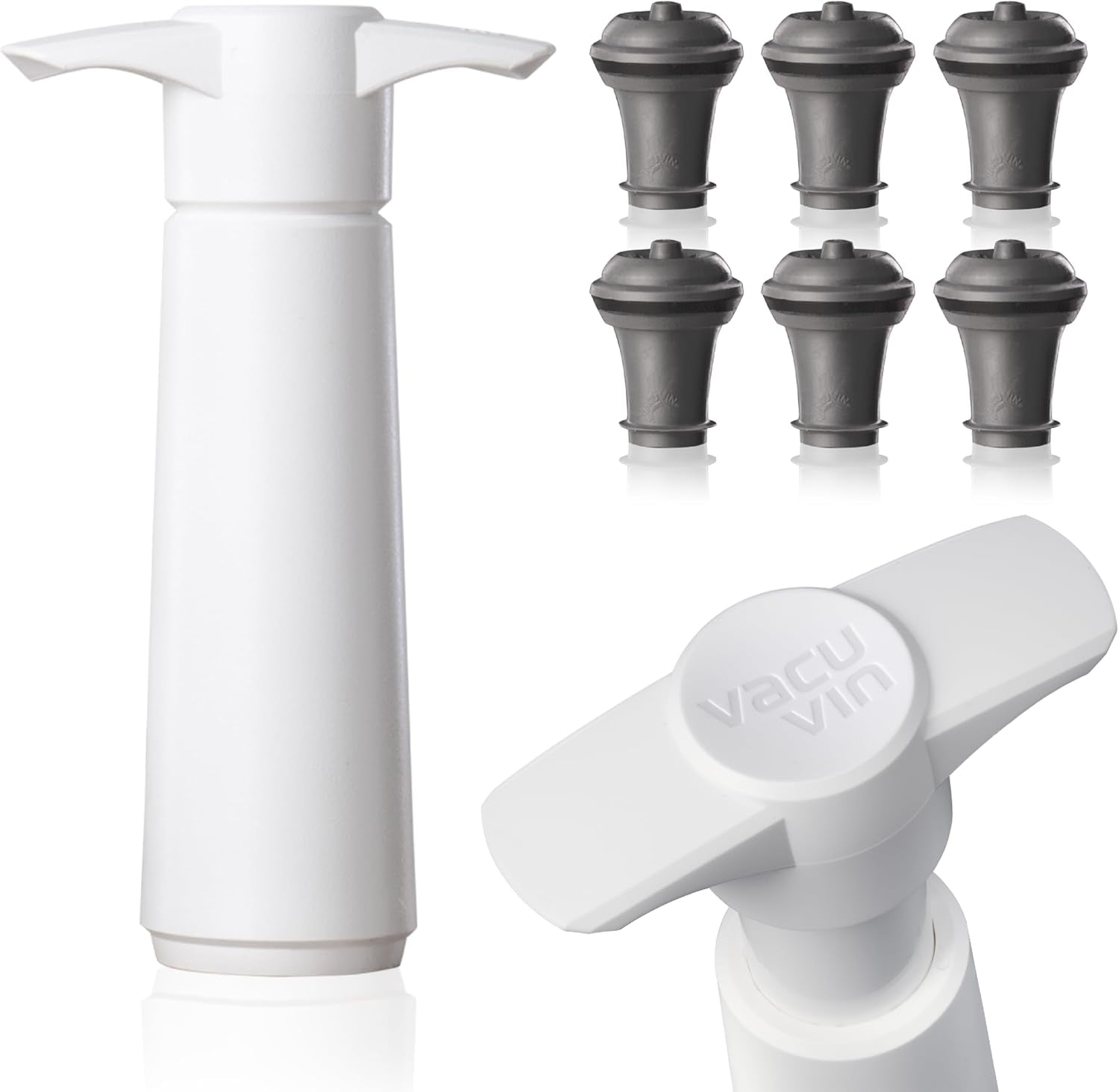 Vacuum Wine Saver Set – White Pump + 6 Grey Stoppers for Long-Lasting Freshness